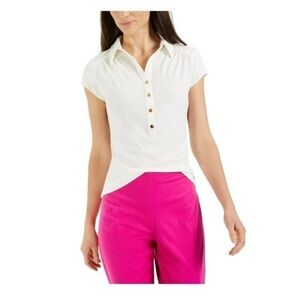 65- Charter Club NWT White Collared Short Sleeve Henley Top, Size Large.